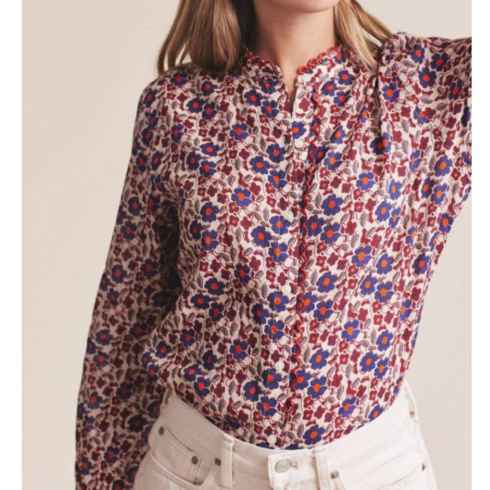 Trovata Helena Perennial Floral Ruffle Blouse Med Ramie Cotton Cottagecore NWT